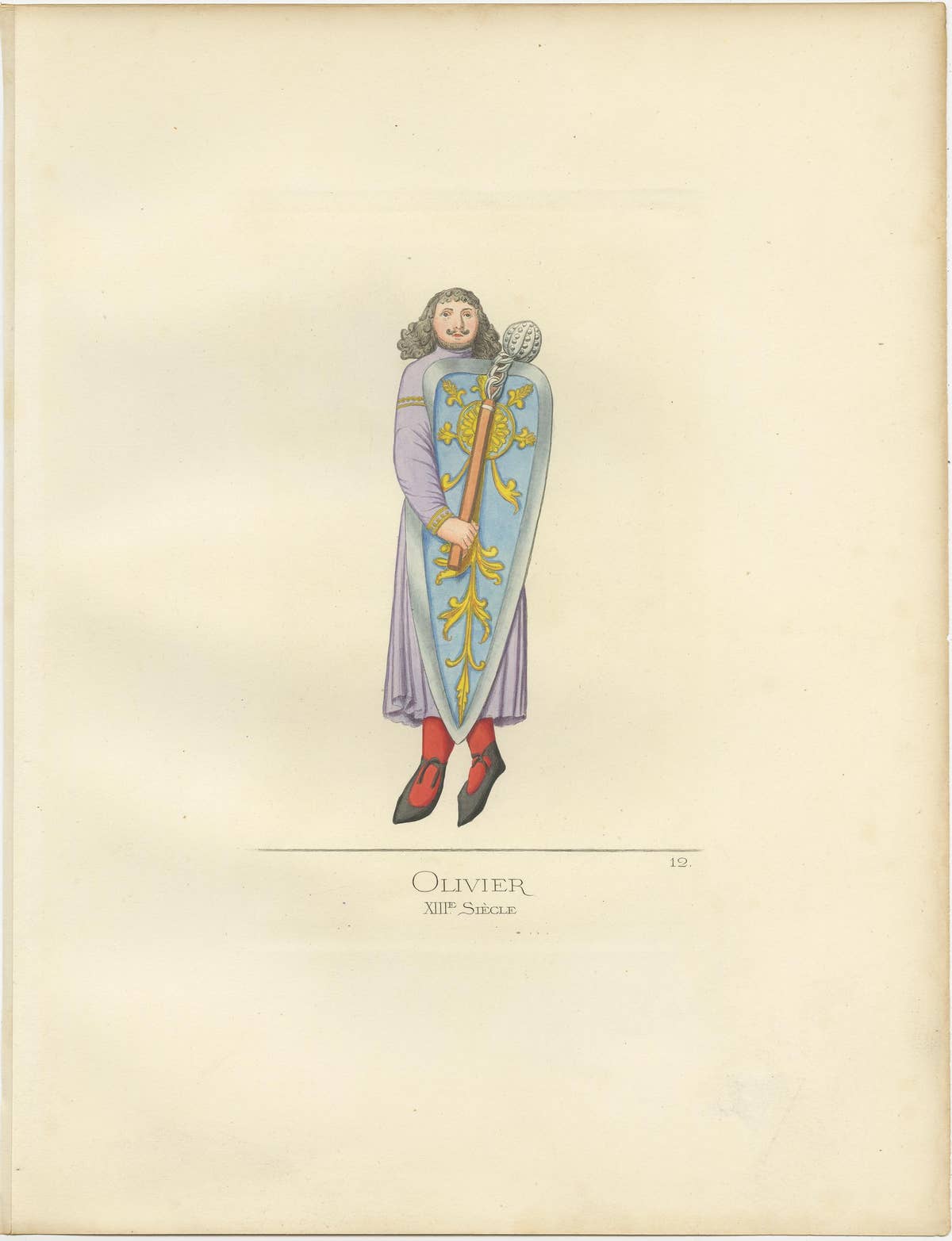 Antique Print of Oliver, a Fictional Knight, by Bonnard '1860'