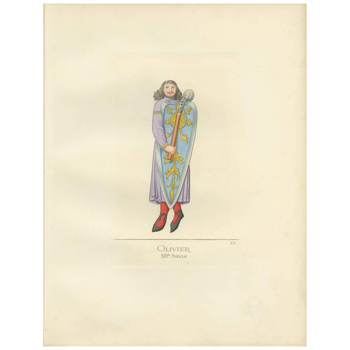 Antique Print of Oliver, a Fictional Knight, by Bonnard '1860'