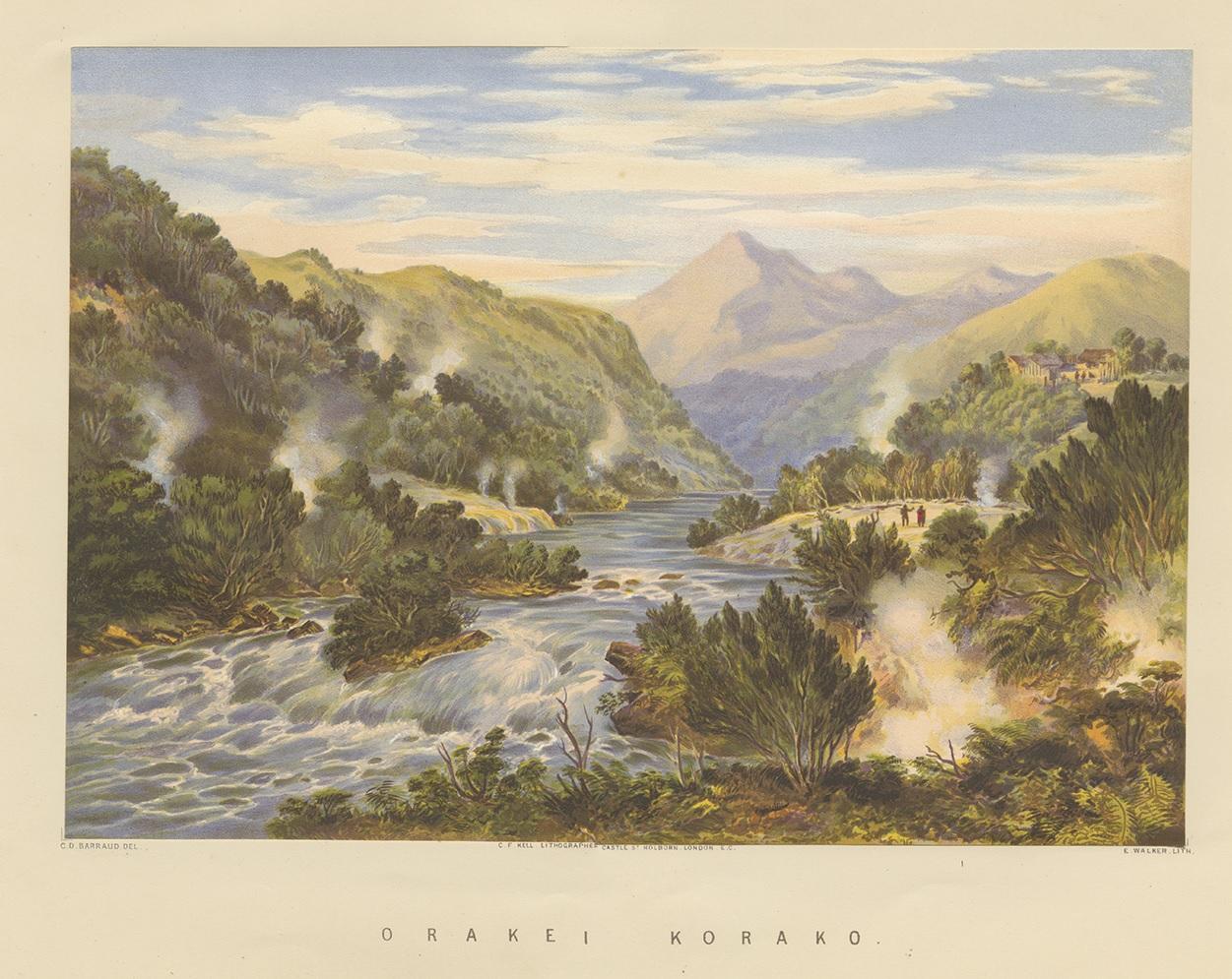 Antique print titled 'Orakei Korako'. View of Orakei Korako, a highly active geothermal area most notable for its series of fault-stepped sinter terraces, located in a valley north of Taupo on the banks of the Waikato River in the Taupo Volcanic