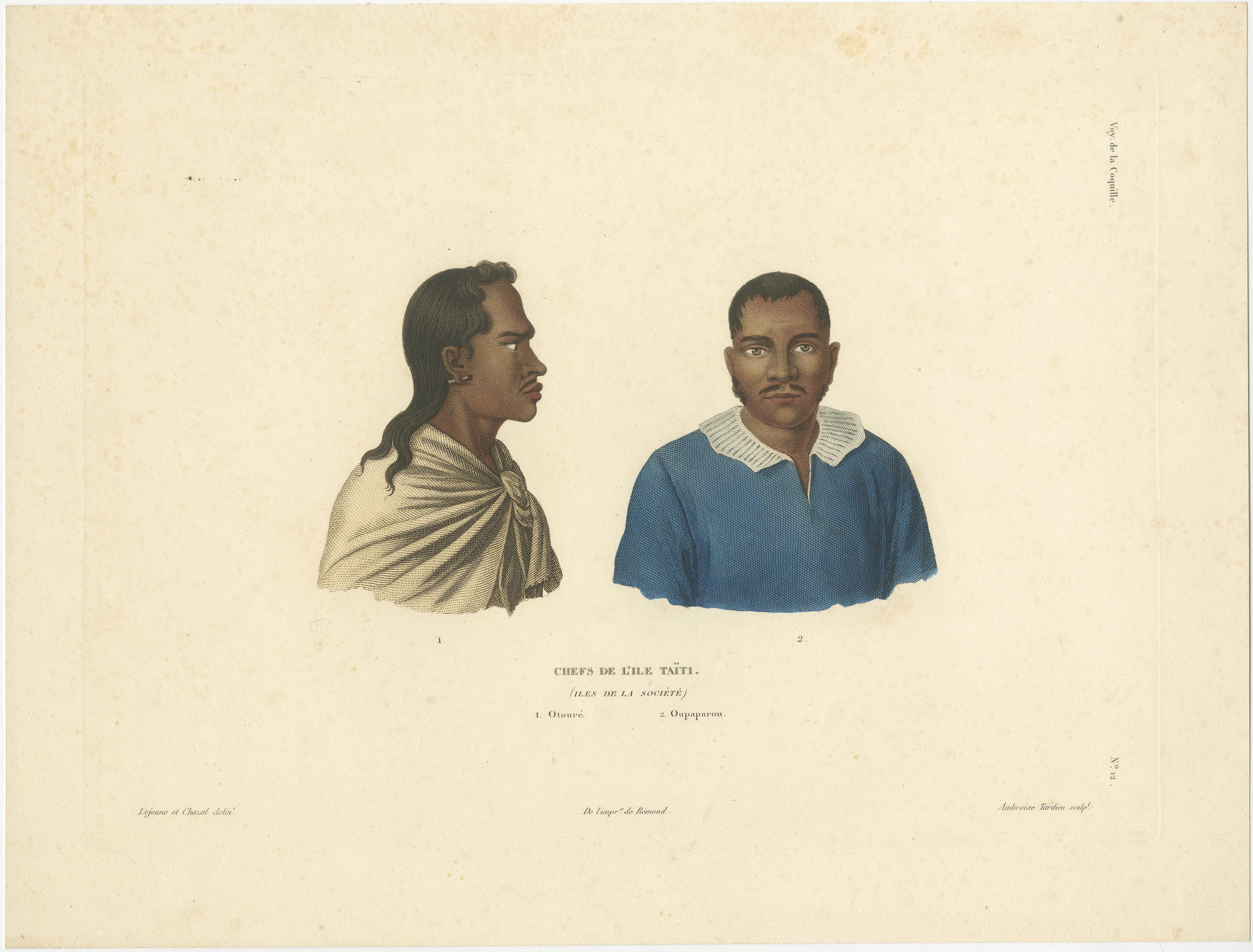 Antiker Druck mit dem Titel 'Chefs de l'Ile Taïti'. Otouré und Oupaparou, Oberhäupter der Insel Tahiti. Dieser Druck stammt aus 