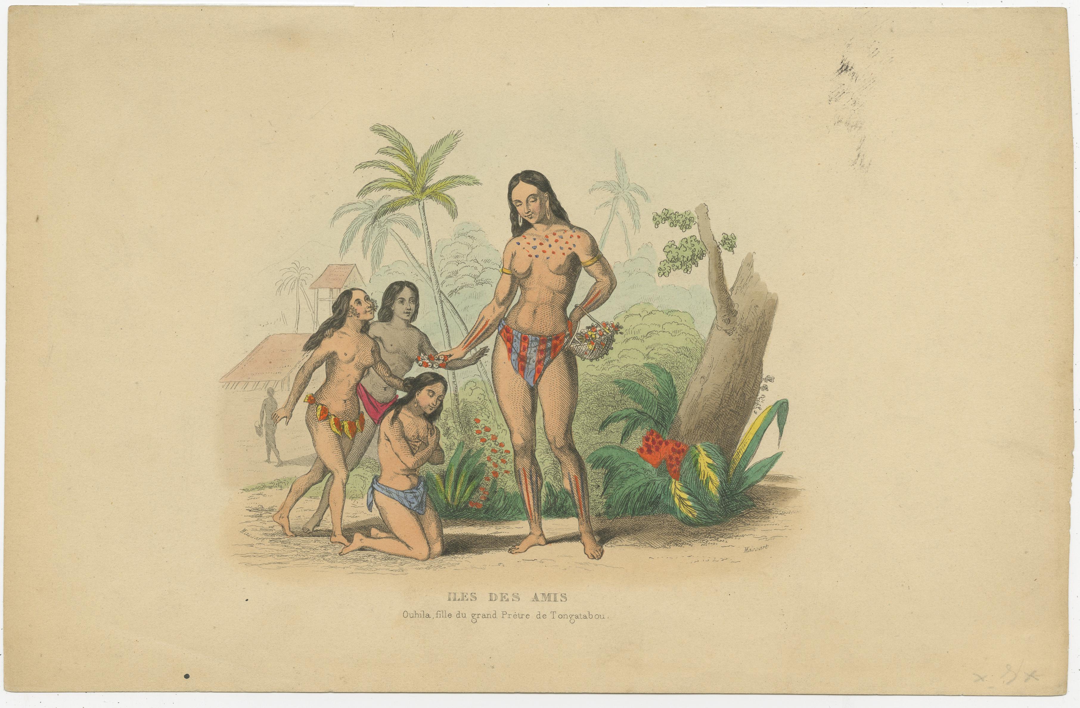 Antique print titled 'Iles des Amis, Ohila, fille du grand Prêtre de Tongatabou'. Original antique print of Ouhila, daughter of the high priest of Tongatapu. Originates from 'Voyages autour du monde et naufrages célèbres' by Gabriel Lafond de Lurcy.