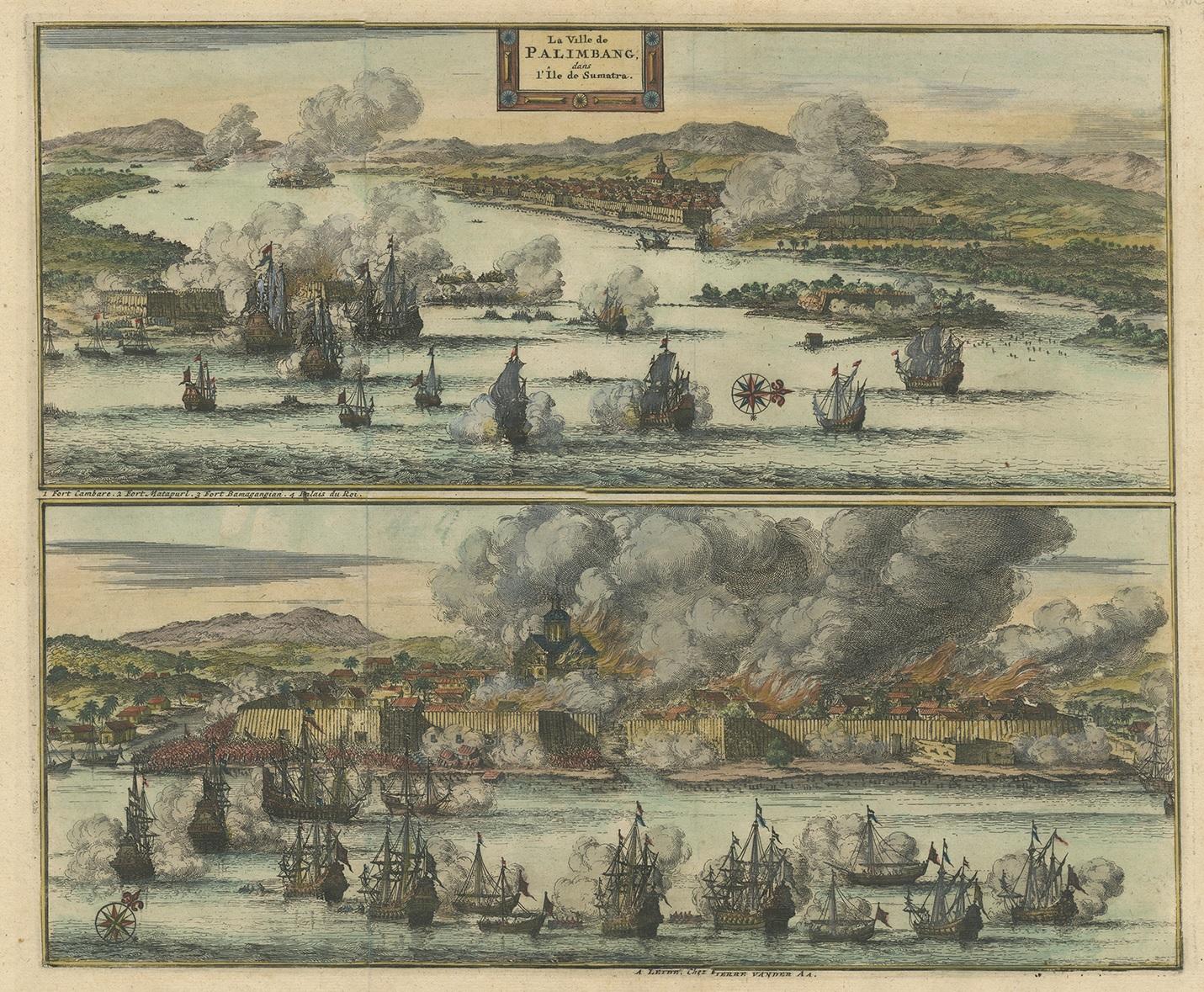 Antique print titled 'La Ville de Palimbang dans L’Ile de Sumatra.' A very decorative, impressive engraving of Palembang in Sumatra. Two views on one sheet. In the upper part the overall view with a sea battle in the foreground. Below the burning
