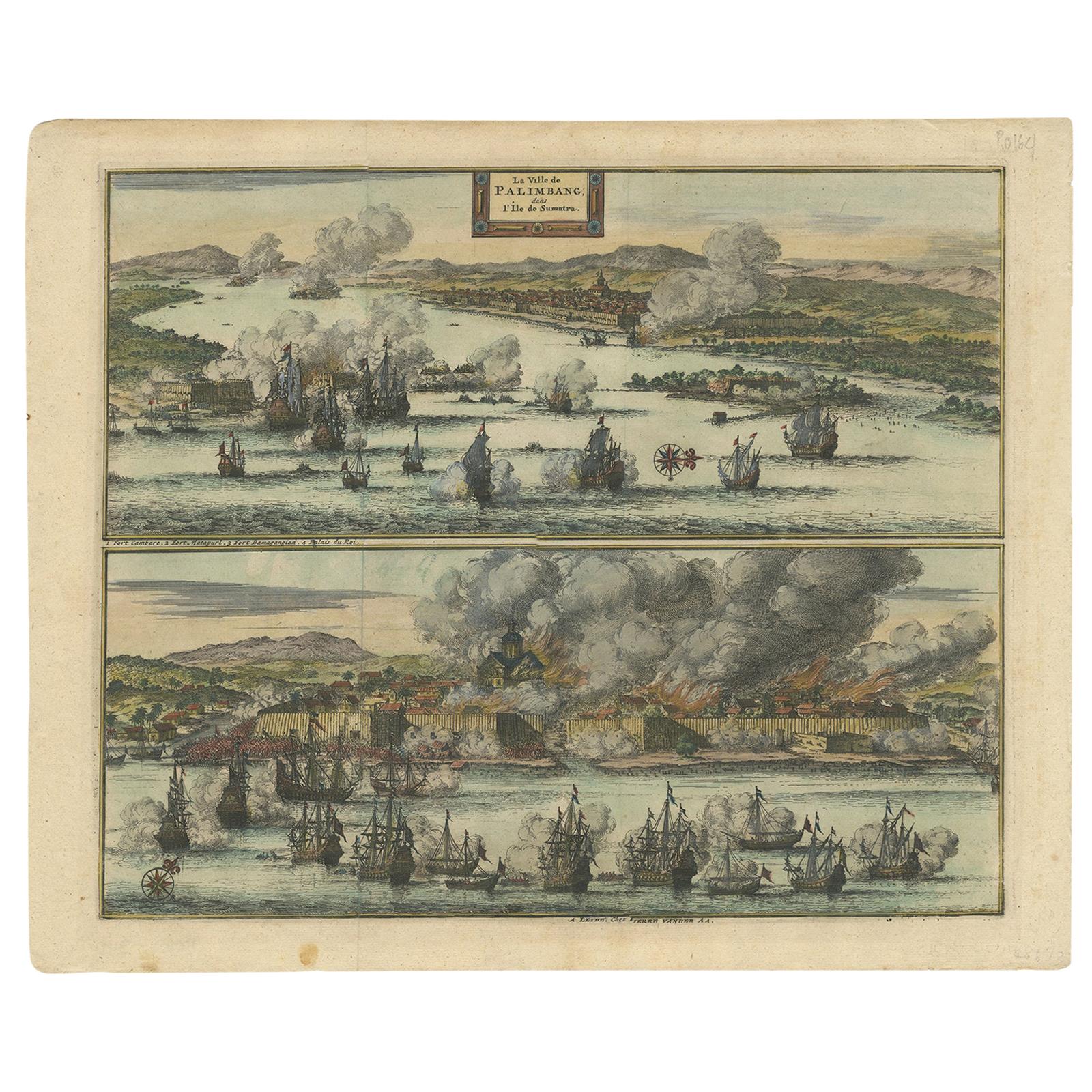 Antique Print of the Dutch VOC Bombing Palembang, Sumatra (Indonesia), ca.1700 For Sale