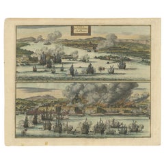 Impression ancienne du bombardement néerlandais des VOC à Palembang, Sumatra (Indonésie), vers 700