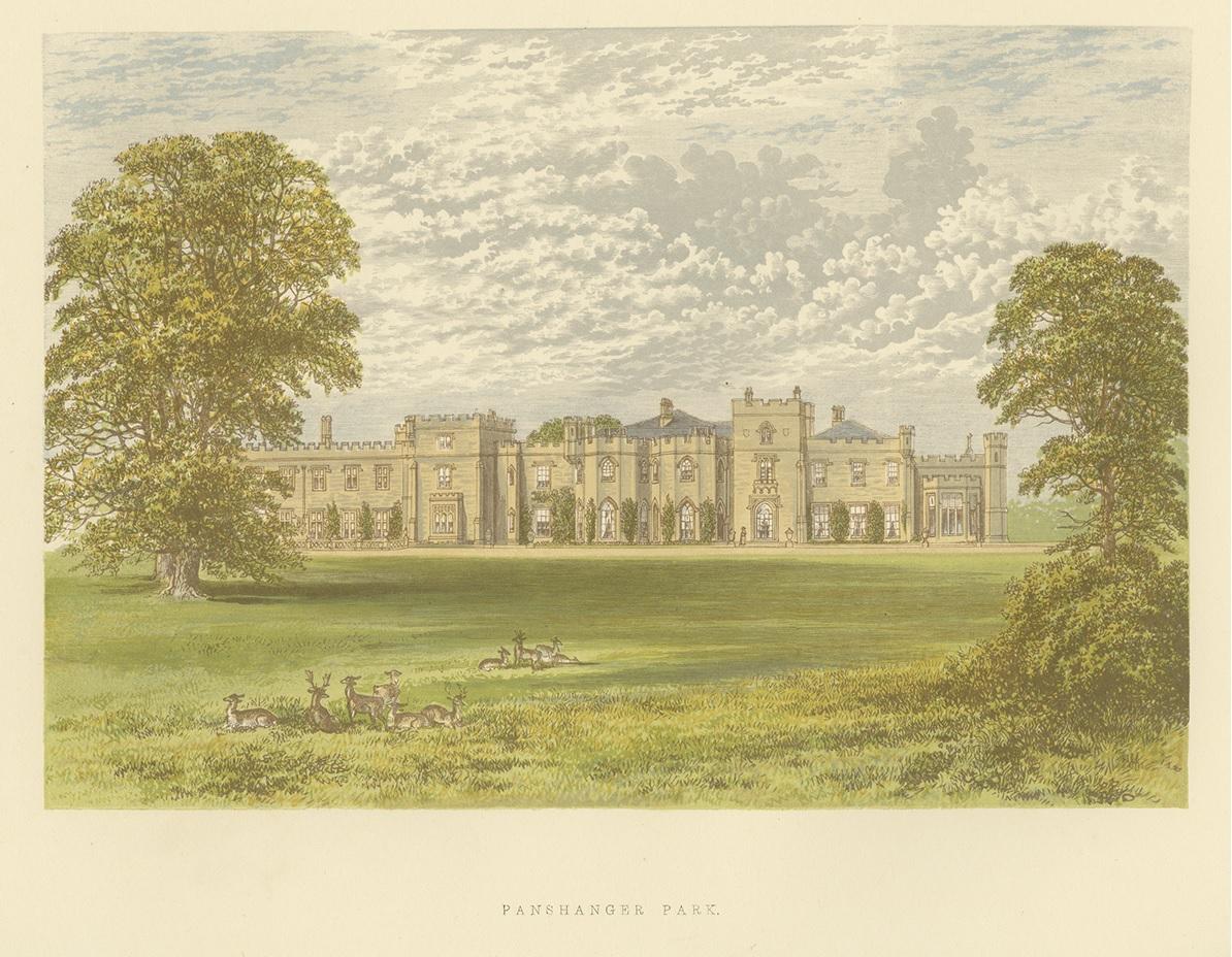 Antique print titled 'Panshanger Park'. Color printed woodblock of Panshanger, it was a large country house located between the outer edge of Hertford and Welwyn Garden City in Hertfordshire, England. This print originates from 'Picturesque Views of