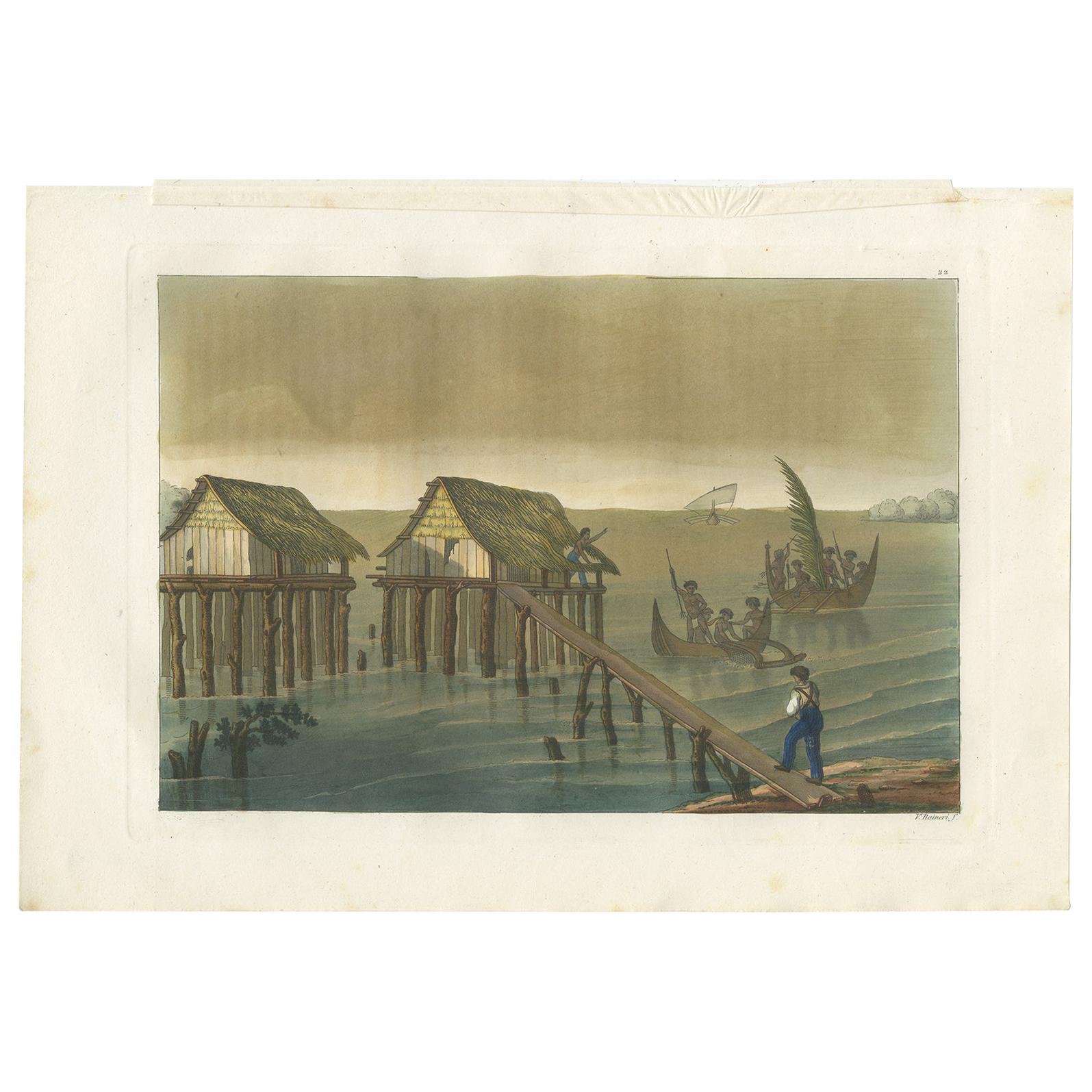 Antique Print of Papuan Houses by Ferrario, '1831'
