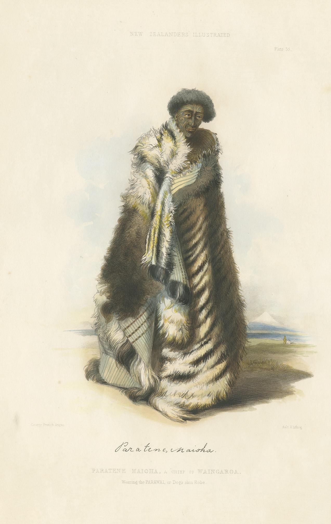Antique print titled 'Paratene Maioha'. Lithograph of Paratene Maioha, a Chief of Waingaroa. Wearing the Parawai, or Dog's skin Robe. Paratene (Broughton) whose native name was Te Maioha, is a cousin of Te Wherowhero, and one of the leading men of