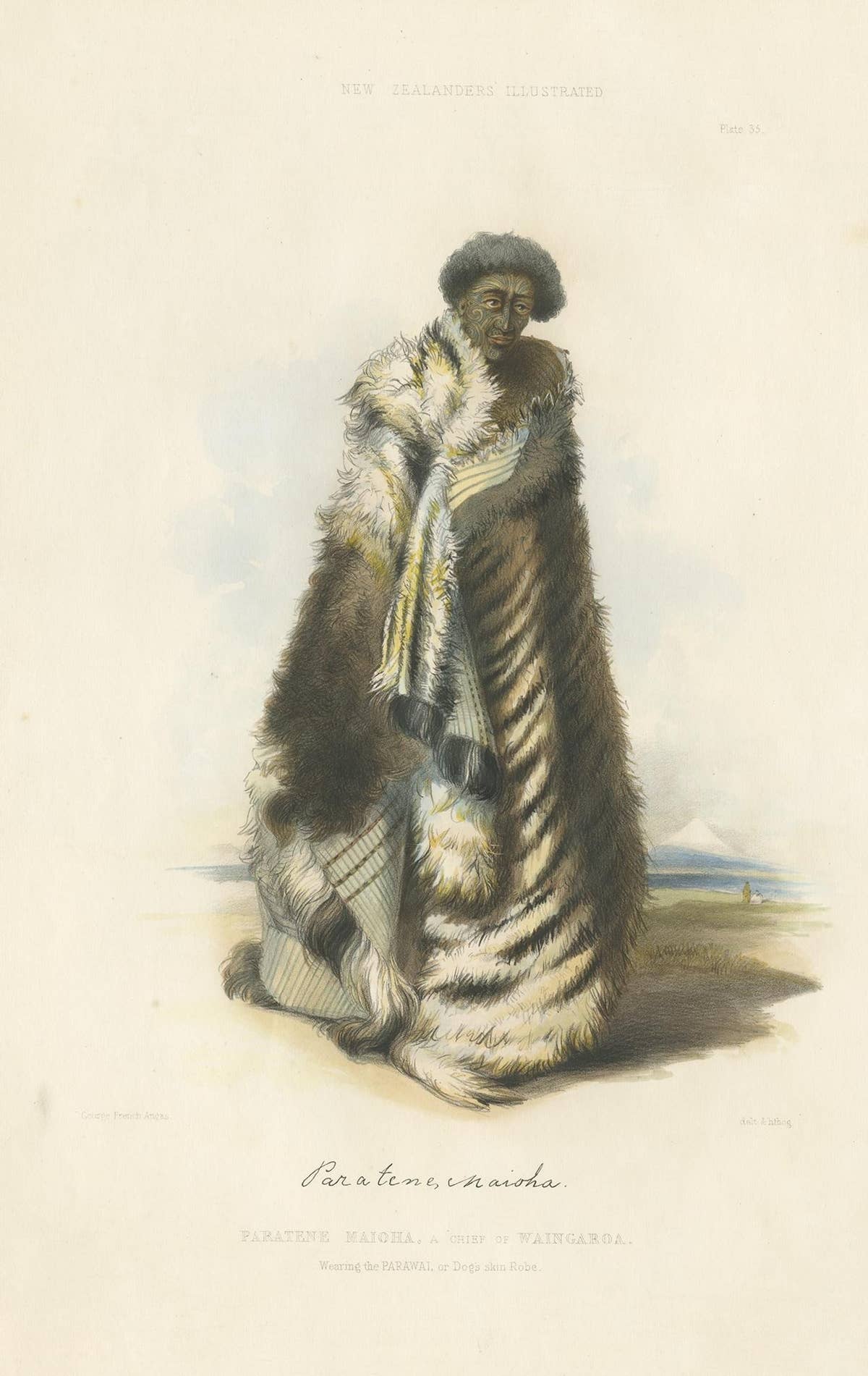 Antique Print of Paratene Wearing the Parawai by Angas, 1847