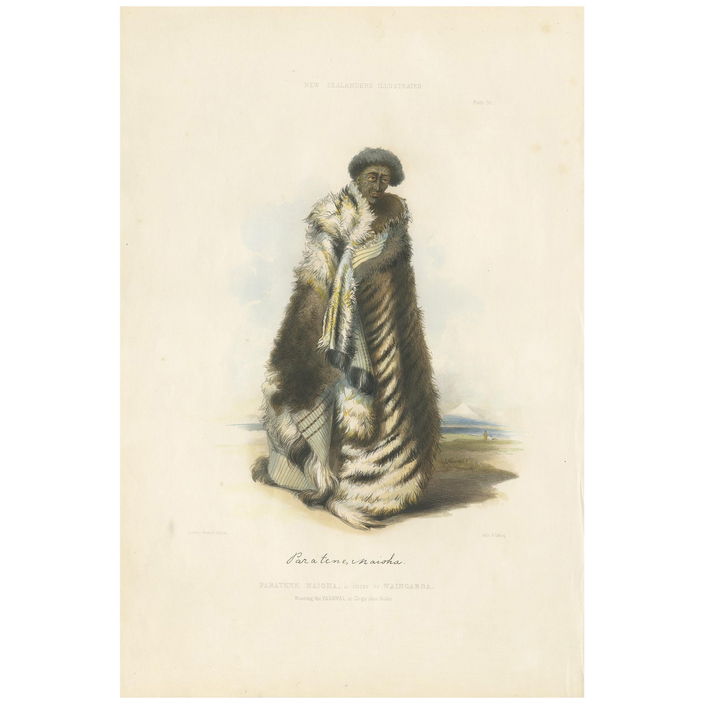 Antique Print of Paratene Wearing the Parawai by Angas, 1847 For Sale