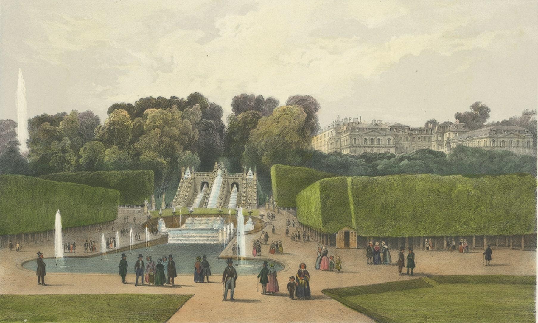 Paper Antique Print of Parc de Saint-Cloud Near Paris, France, 1856 For Sale