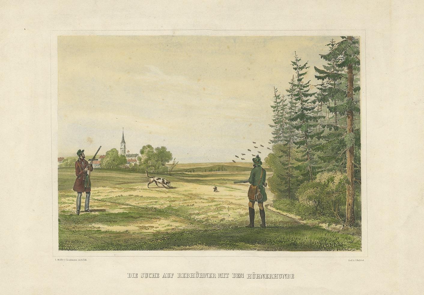 Grabado antiguo titulado 'Die Suche auf Rebhühner mit dem Hühnerhunde'. Litografía de gachas cazando con perros. Litografía de Müller & Sandmann. Impreso por J. Höfelich.