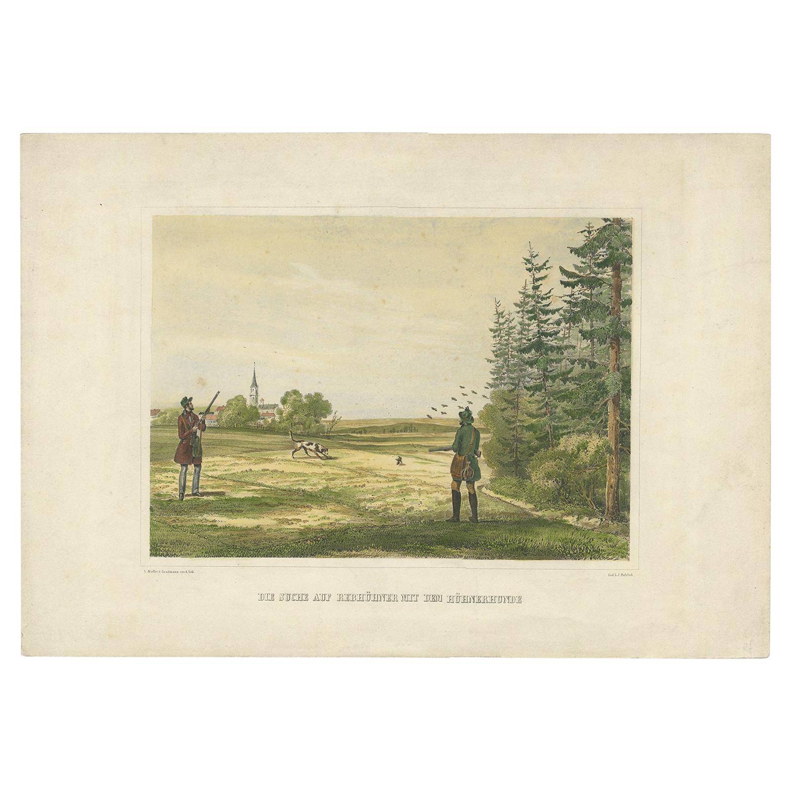 Gravure ancienne de la chasse de Patridge par Müller & Sandmann, vers 1880