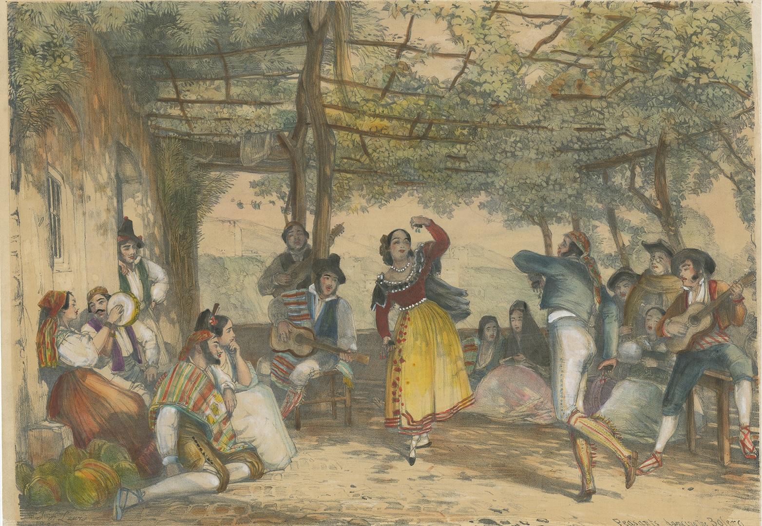 Antique print titled 'Peasants dancing Bolero'. Scene in a courtyard, with a couple of young peasants dancing under a trellis overgrown with grapevine. Tinted lithograph with additional hand-colouring. Frontispiece and first plate in the book