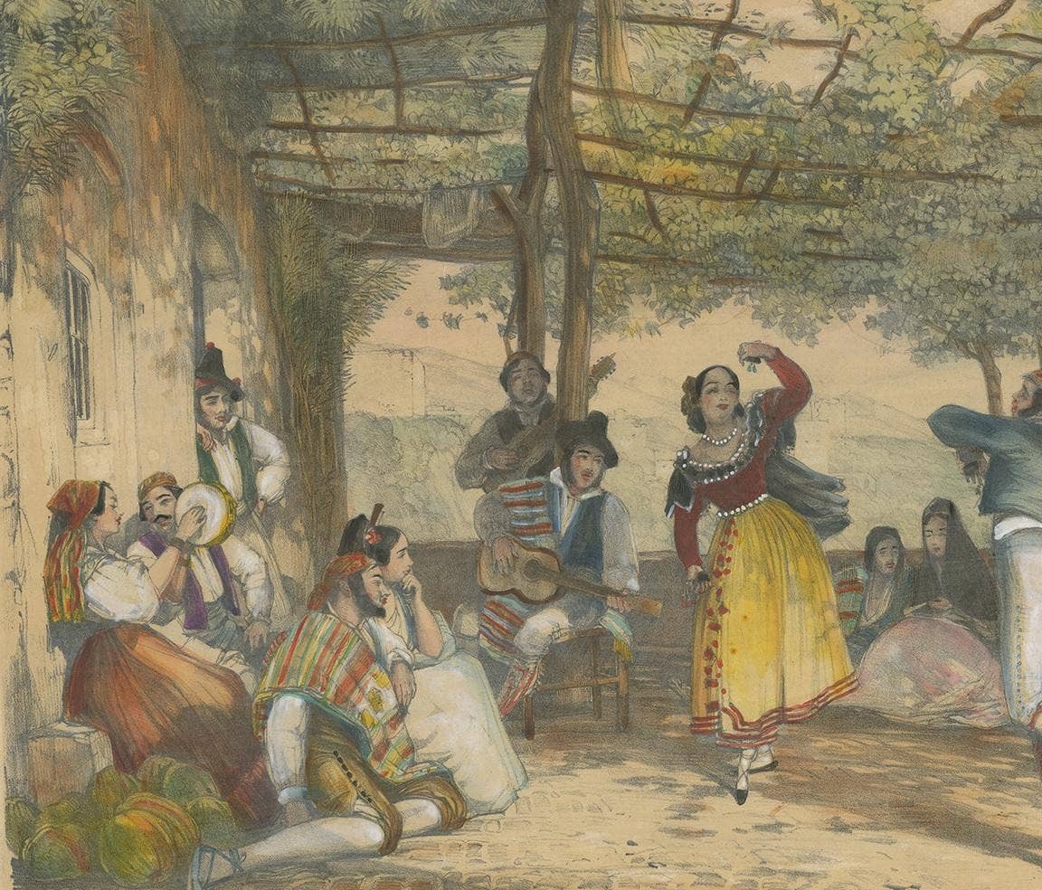 Antique Print of Peasants Dancing the Bolero by Lewis '1836'