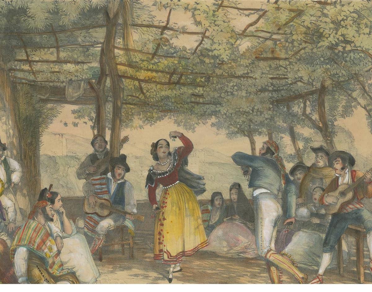 Antique Print of Peasants Dancing the Bolero by Lewis '1836'