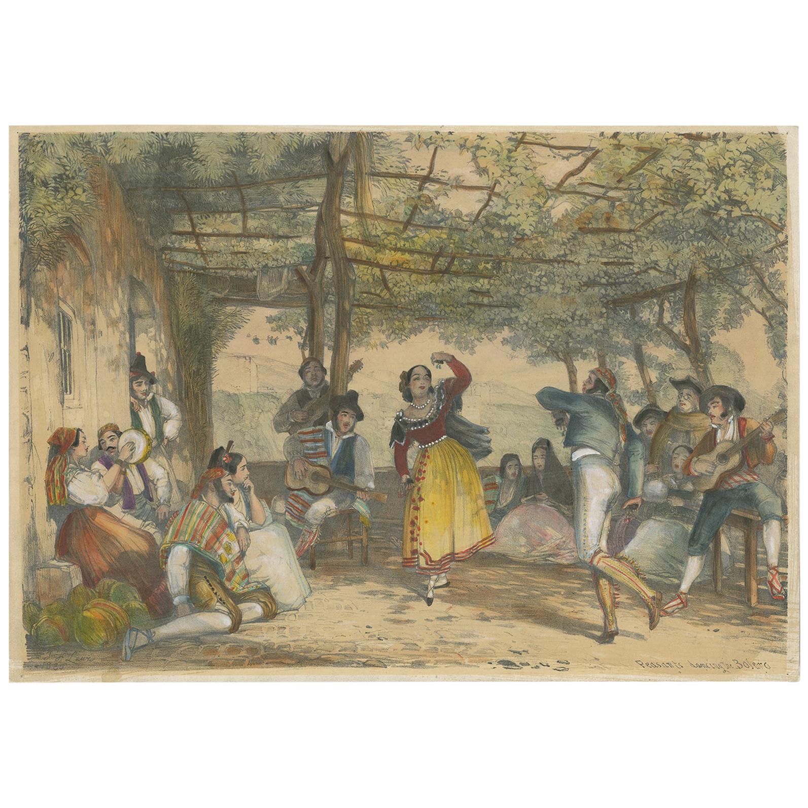 Antique Print of Peasants Dancing the Bolero by Lewis '1836'