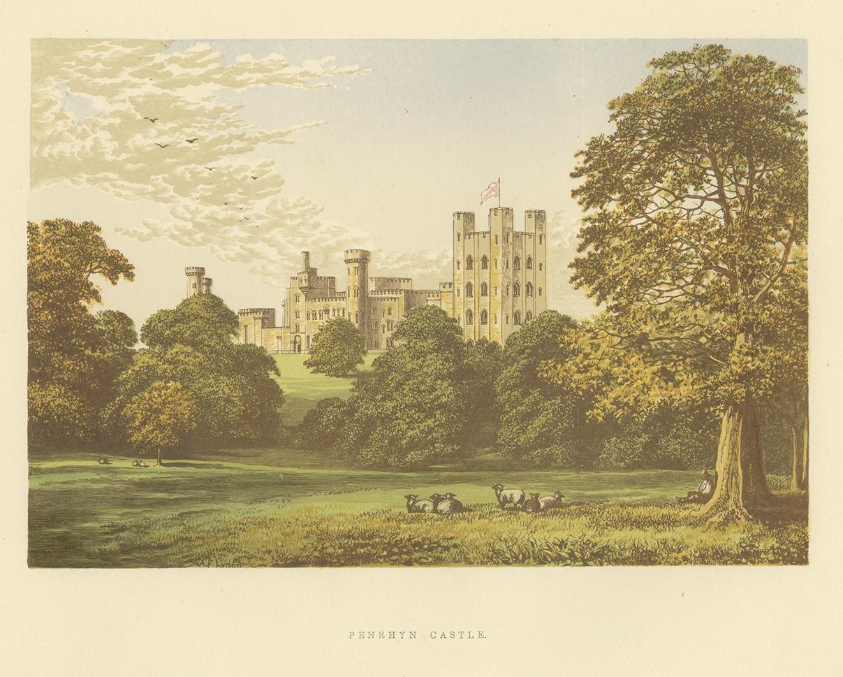 Antique print titled 'Penrhyn Castle'. Color printed woodblock of Penrhyn Castle, a country house in Llandygai, Bangor, Gwynedd, North Wales, in the form of a Norman castle. This print originates from 'Picturesque Views of Seats of Noblemen and