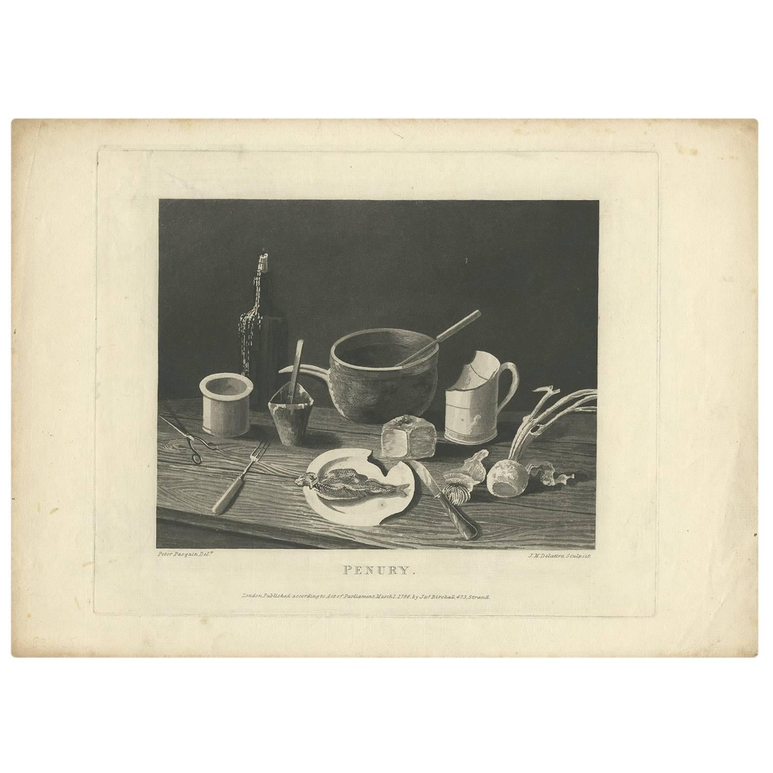 Antique Print of 'Penury' Made After P. Pasquin, 1796 For Sale