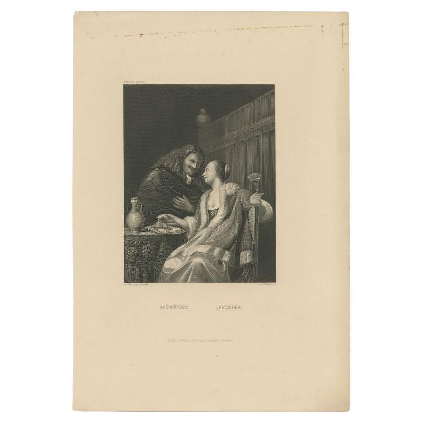 Antique Print of People Having Lunch or Breakfast, circa 1850 For Sale