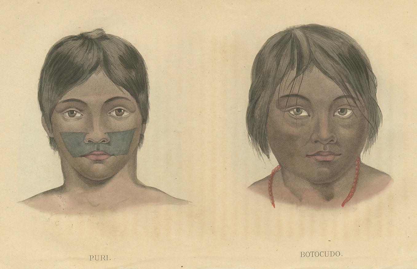 Antique print titled 'Puri - Botocudo'. Lithograph of people of the Puri and Botocudo tribe. This print originates from 'Histoire Naturelle de l’Homme Comprenant des recherches sur L’influence des agens physiques et morau (..)' by J.C. Prichard.