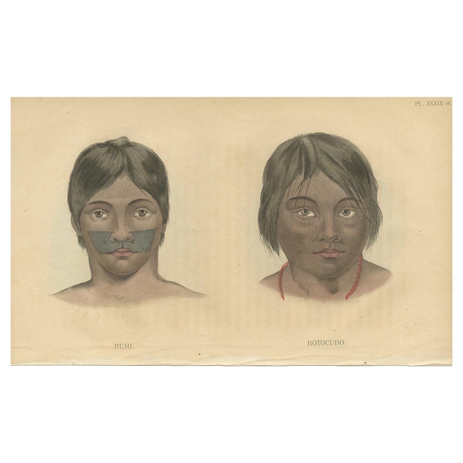 Antique Print of People of the Puri and Botocudo Tribe by Prichard, 1843 For Sale