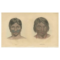 Gravure ancienne des peuples de la tribu des Puri et des Botocudo par Prichard:: 1843
