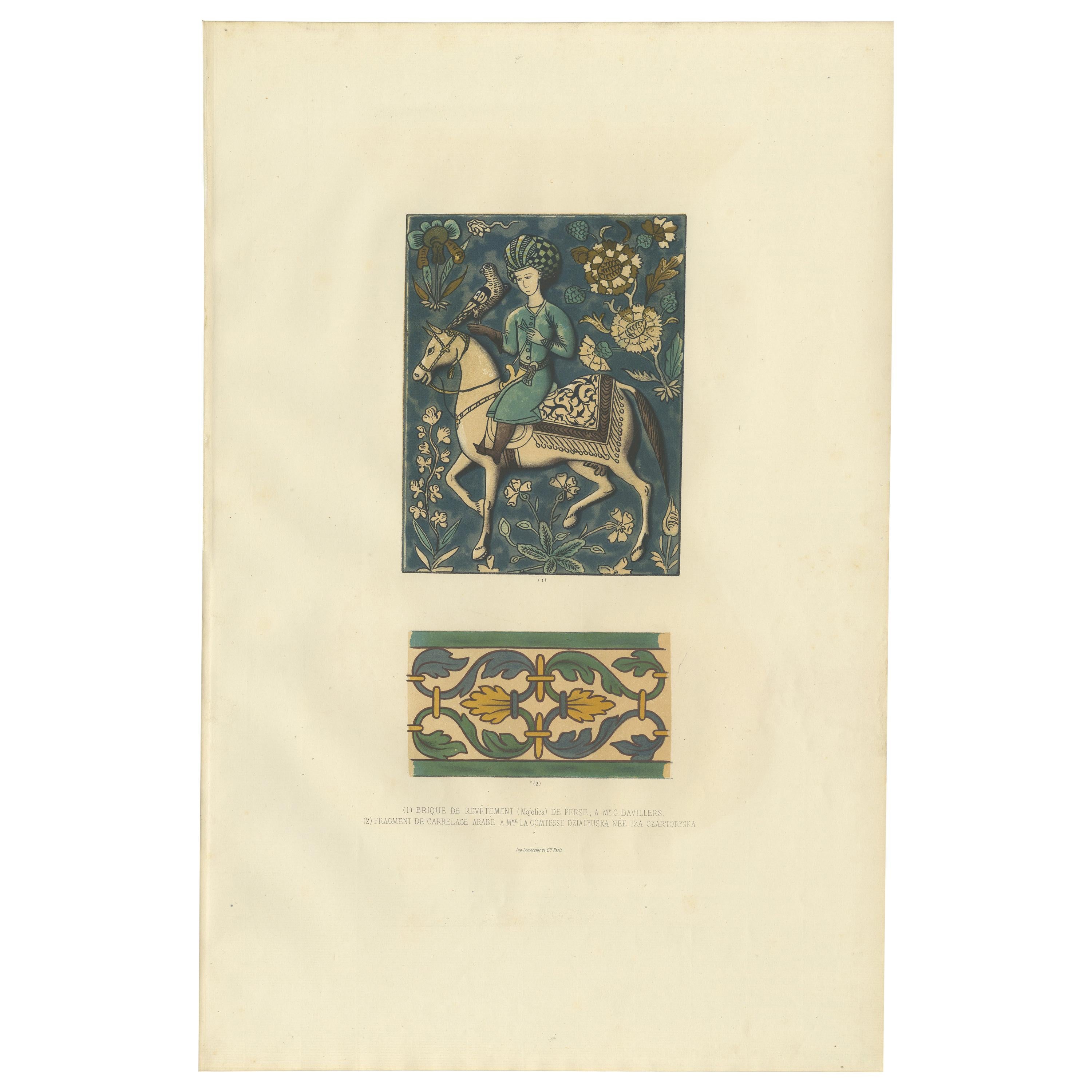 Impression ancienne de majolique persane et d'un fragment de carreau par Delange '1869'
