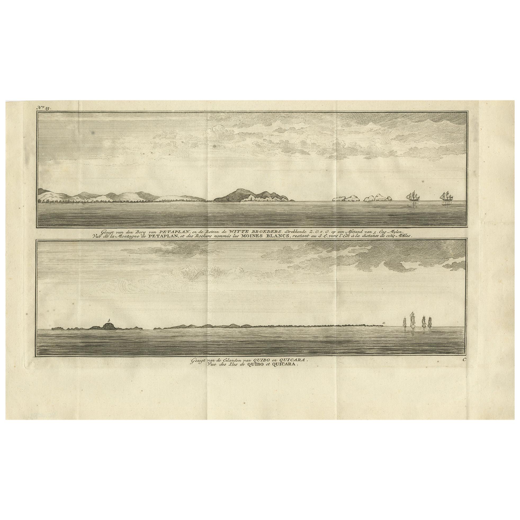Stampa antica di Petatlan e dell'isola di Coiba di Anson, '1749