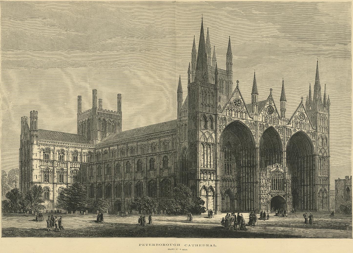Antique print titled 'Peterborough Cathedral'. Original antique print of Peterborough Cathedral, the seat of the Anglican Bishop of Peterborough, dedicated to Saint Peter, Saint Paul and Saint Andrew, whose statues look down from the three high