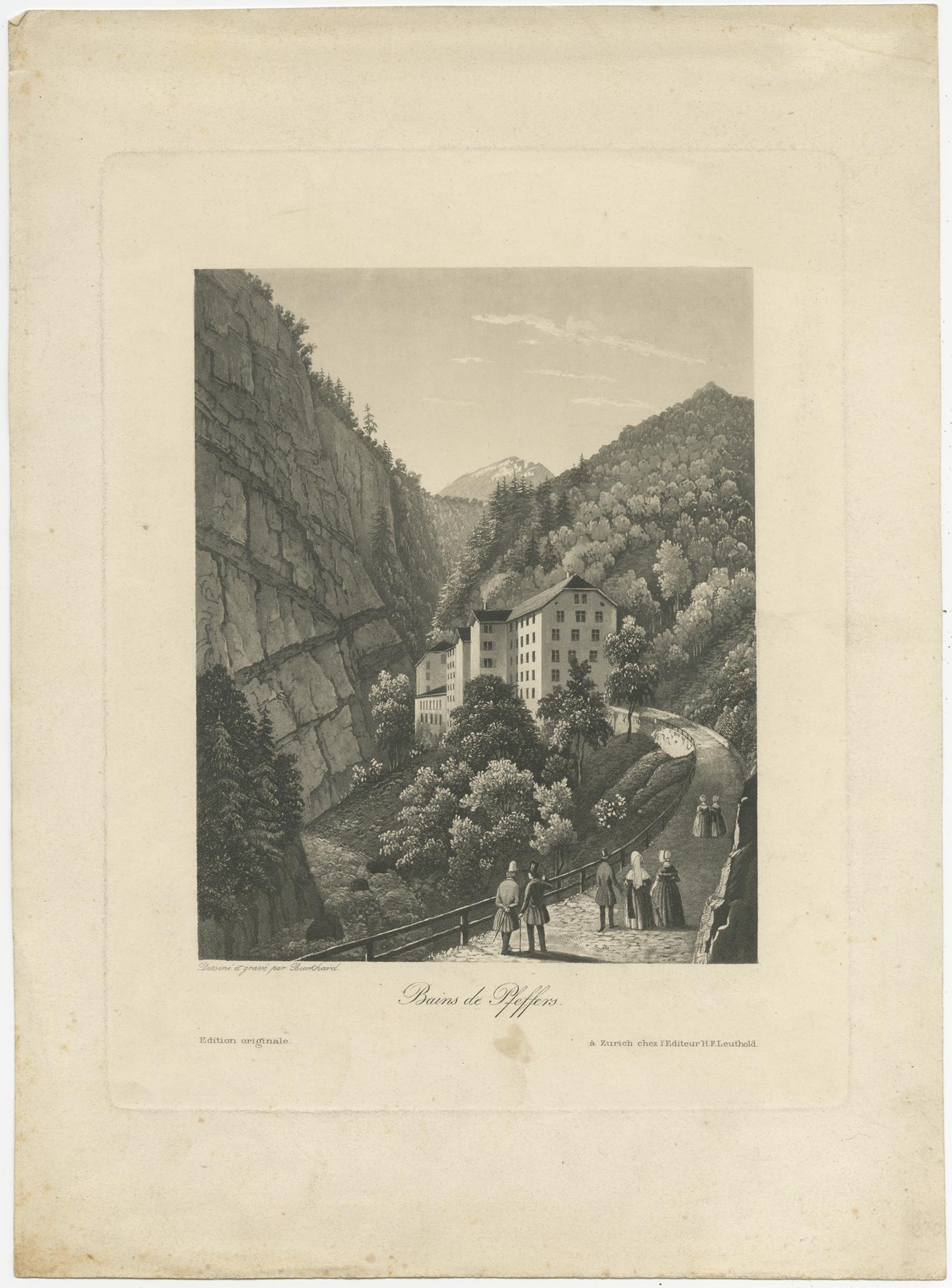 Antique print titled 'Bains de Pfeffers'. View of Pfeffers Baths, Switzerland; figures in foreground walking along a path leading to white houses; pine trees forest and mountains in background. Engraved by Burkhardt. Published by Leuthold, circa
