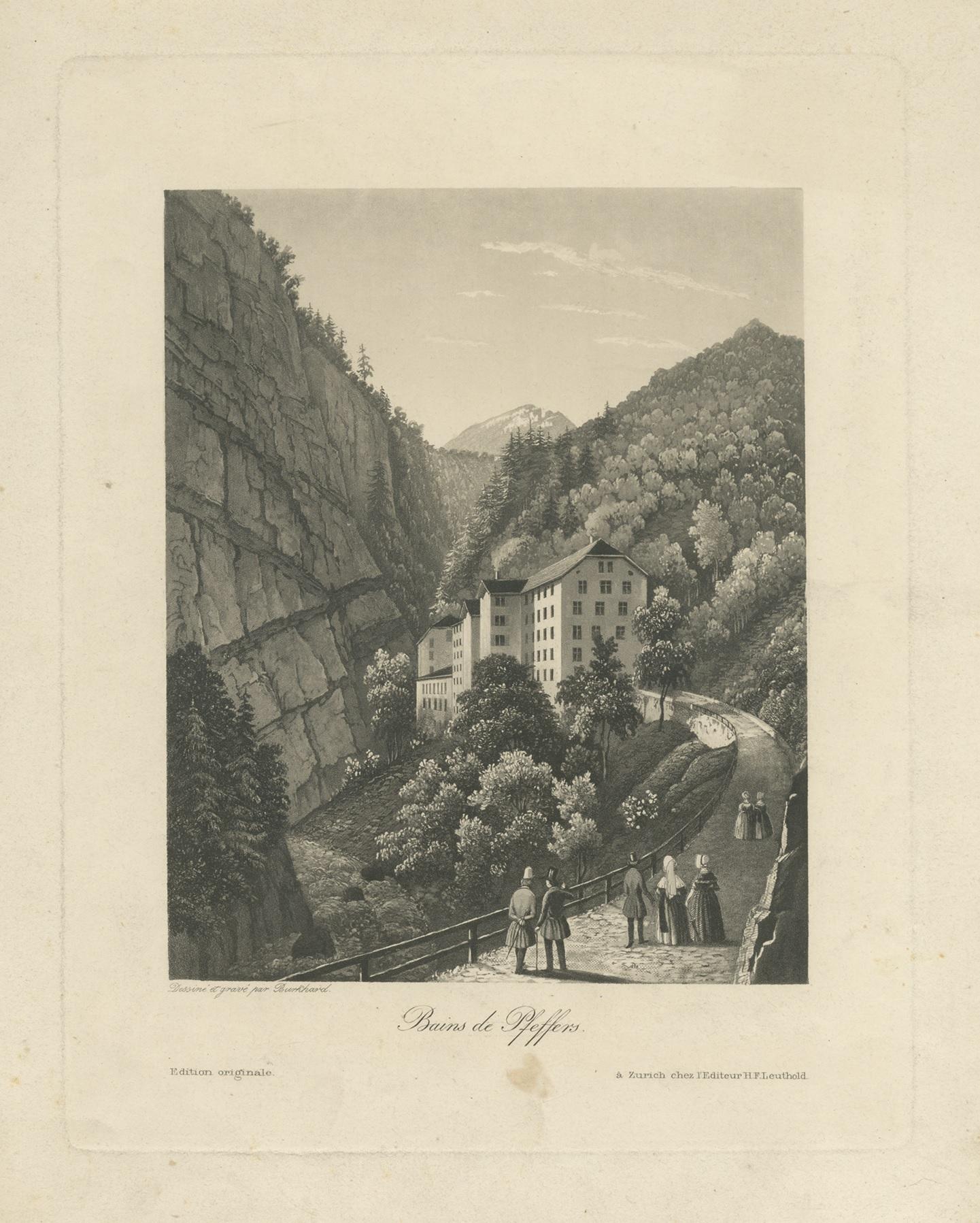 Antique Print of Pfeffers Baths, Switzerland In Fair Condition For Sale In Langweer, NL