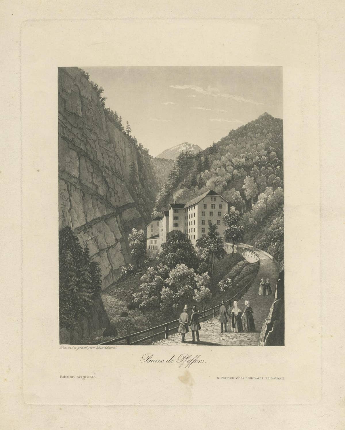 Antique Print of Pfeffers Baths, Switzerland