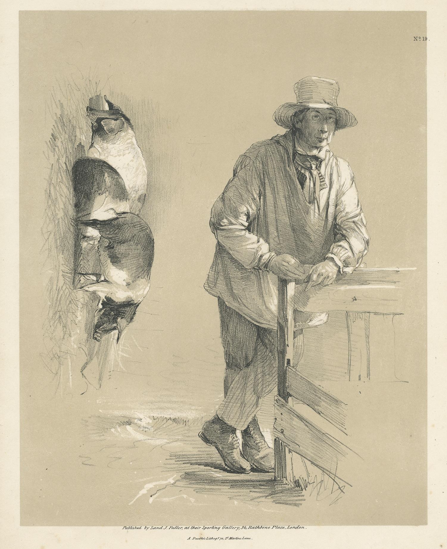 Tinted lithograph of pigs and a farmer. Published by Sand J. Fuller at their Sporting Gallery, 34, Rathbone Place, London. Lithographed by Ducôte.