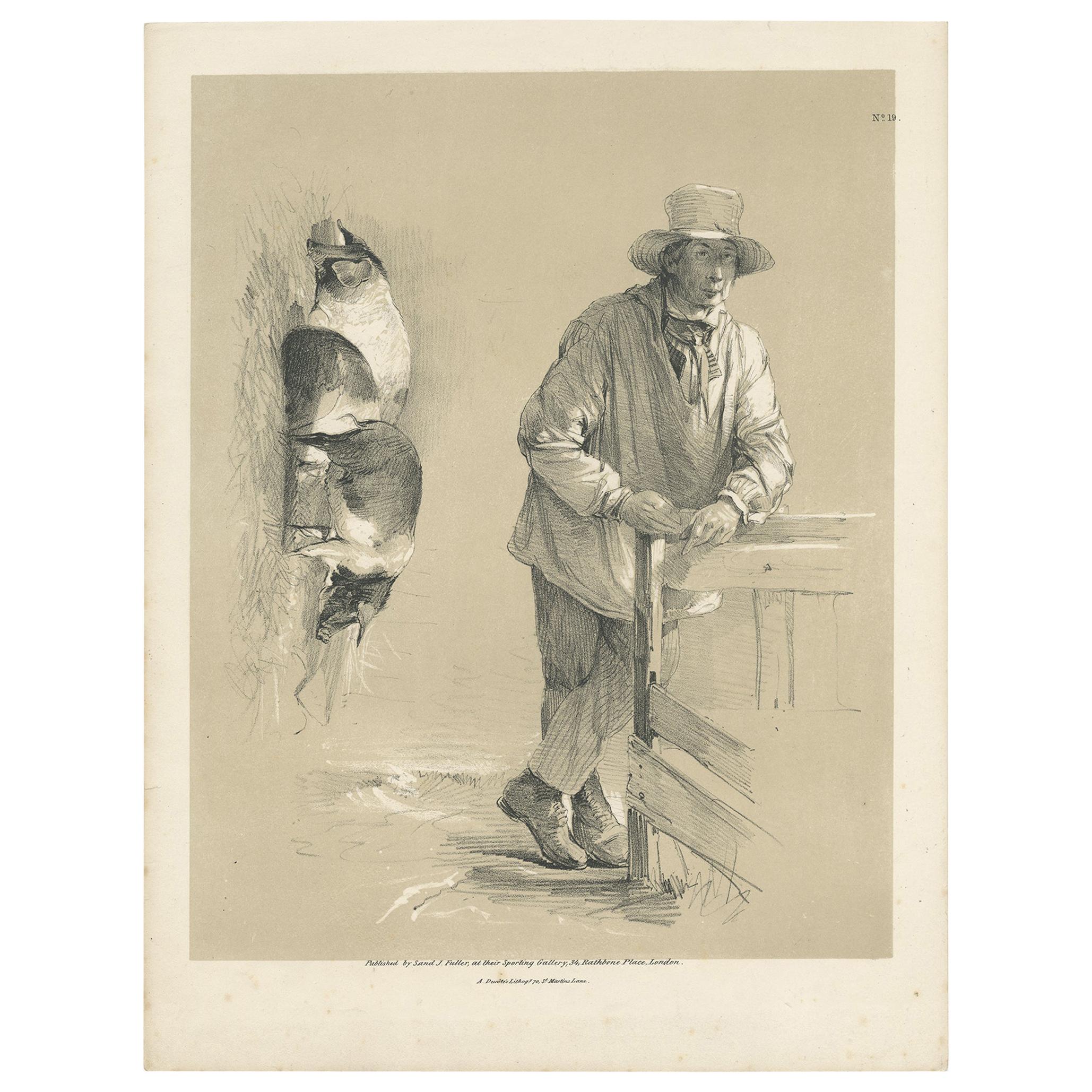 Stampa antica originale di maiali e contadini di Ducôte 'circa 1840