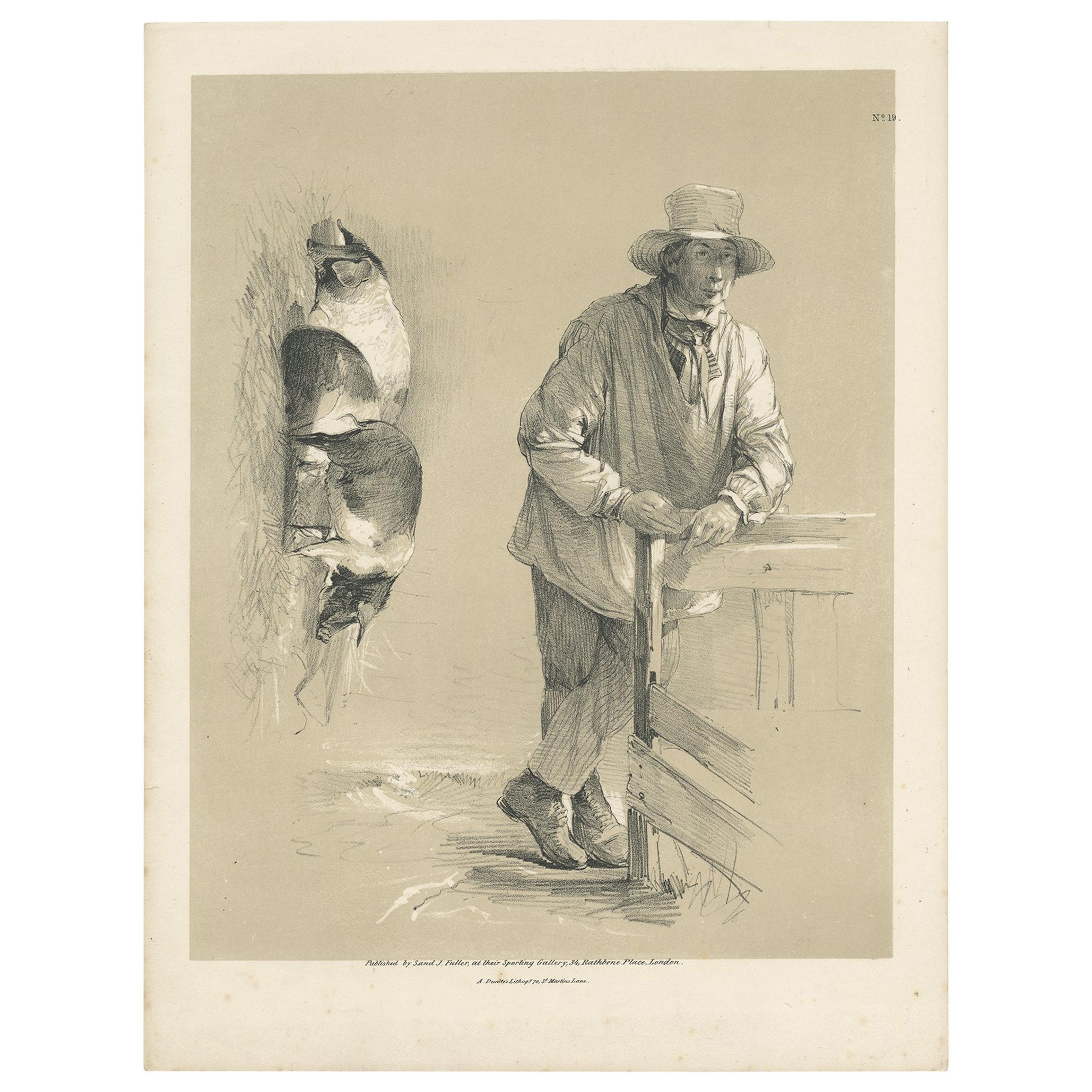 Original Antique Print of Pigs and a Farmer by Ducôte 'circa 1840' For Sale