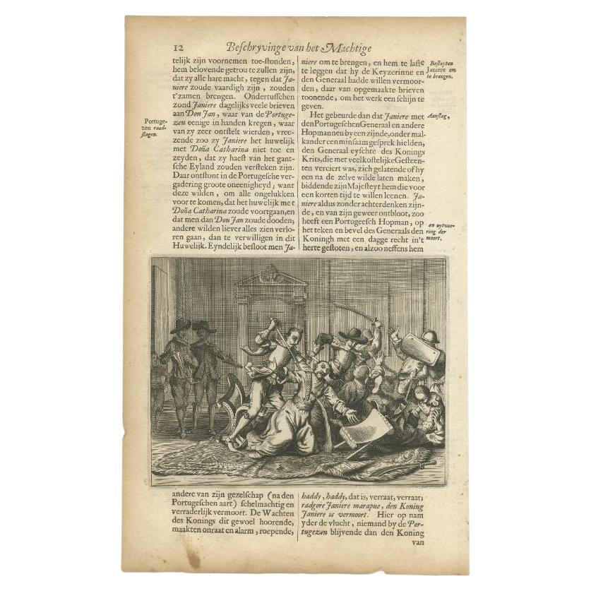 Antique Print of Portugese Soldiers Murdering Ceylon Dignitaries, circa 1672 For Sale