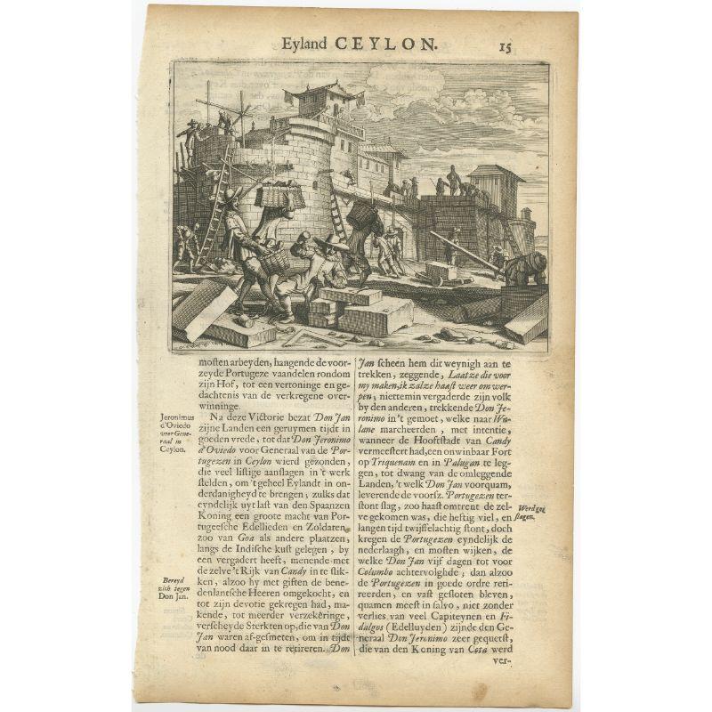 Antique Print of Portuguese Prisoners Building a Palace in Ceylon or India, 1672 For Sale