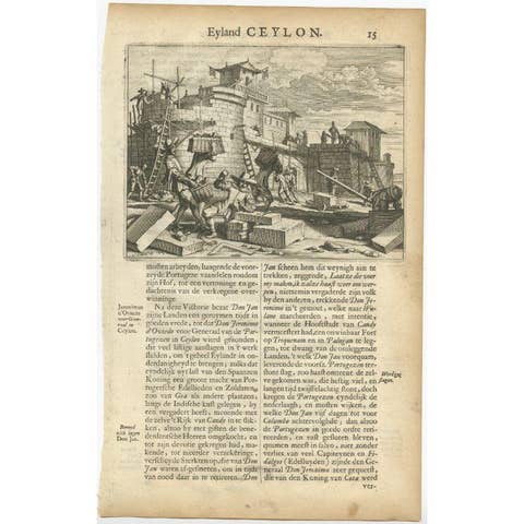 Antique Print of Portuguese Prisoners Building a Palace in Ceylon or India, 1672