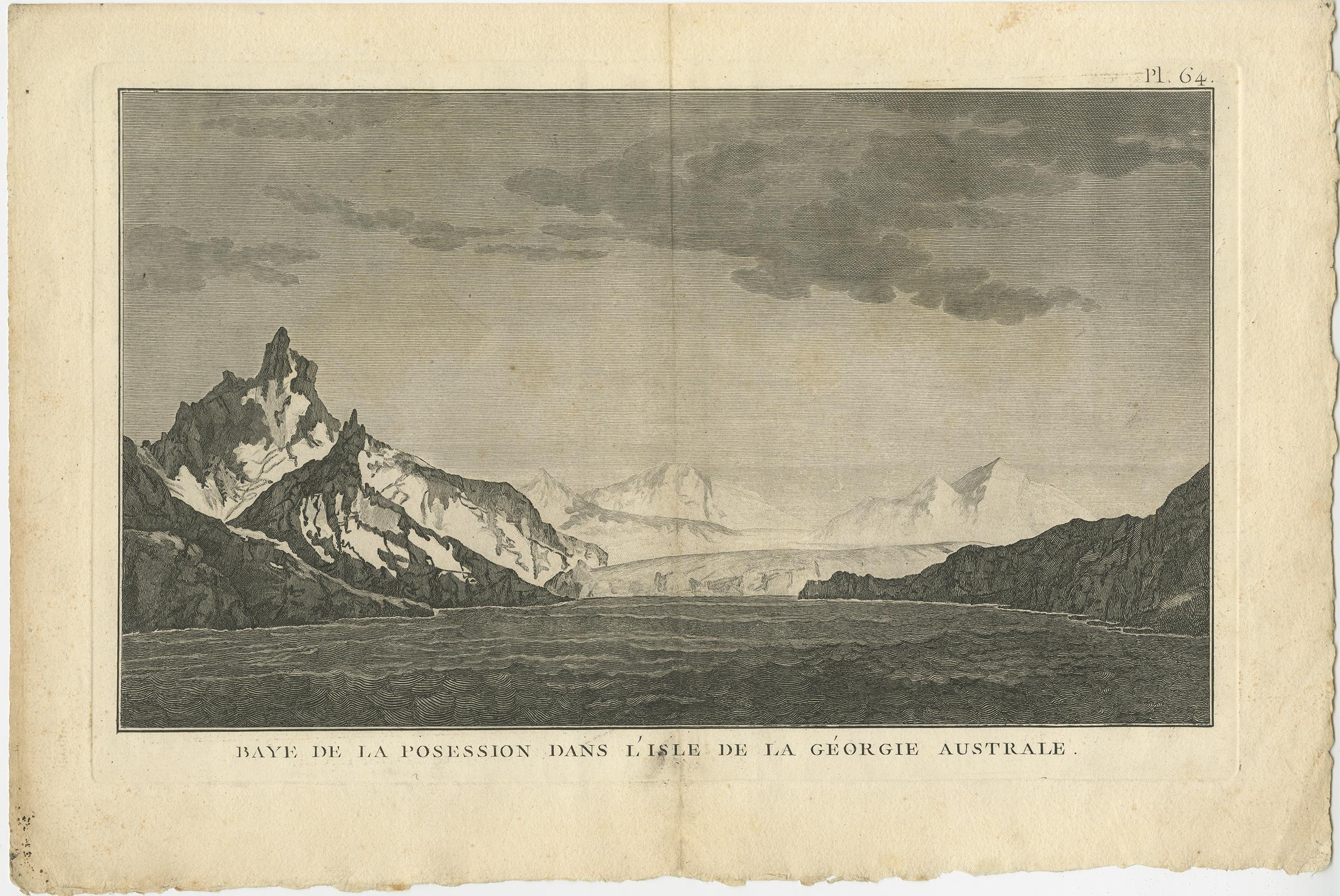 Antique print titled 'Baye de la Posession dans l'Isle de la Géorgie Australe'. View of Possession Bay, on the north coast of South Georgia, an island in the southern Atlantic Ocean. Captain James Cook circumnavigated the island in 1775 and made the