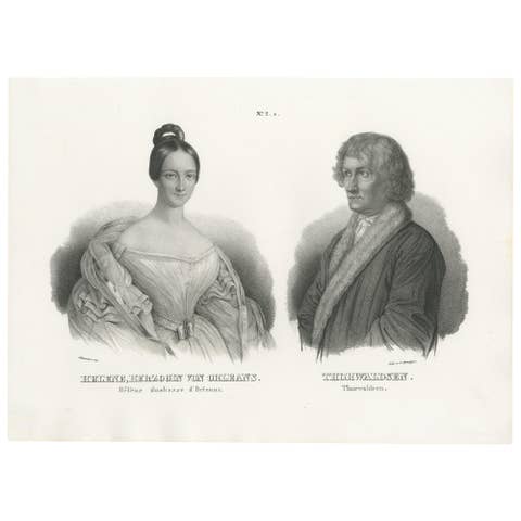 Antique Print of Princess Hélène of Orléans and Bertel Thorvaldsen (1845)