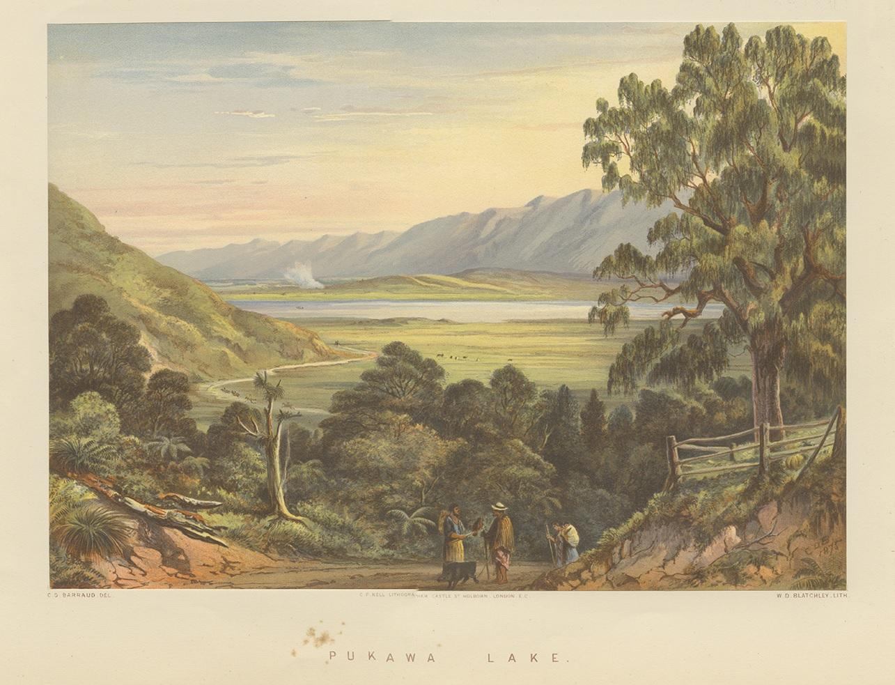 Antique print titled 'Pukawa Lake'. View of Pukawa Bay, a bay and a small township on the southern shores of Lake Taupo on New Zealand's North Island. Lithographed by W.D. Blatchley after a drawing by Barraud. This print originates from 'New