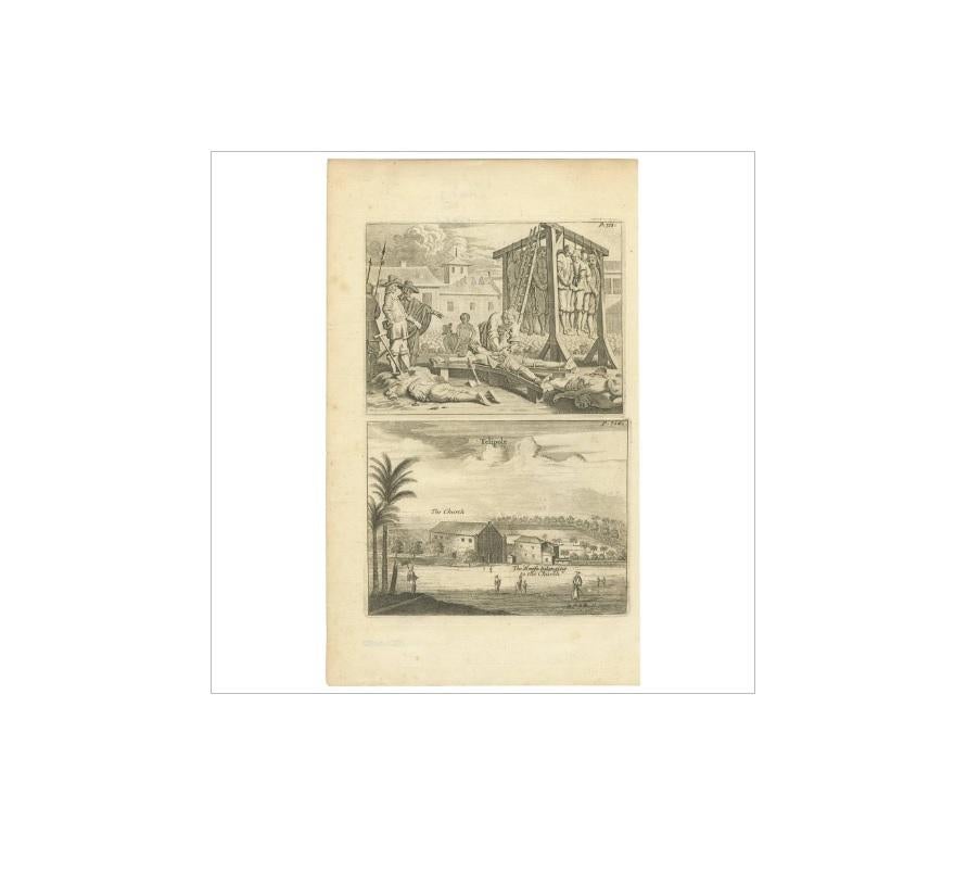 Antique print with two views 1. 'Untitled Punishment' and 2. 'Telipole'. This print orginates from 'A collection of voyages and travels, some now first printed from original manuscripts, others now first published in English' published by Churchill,