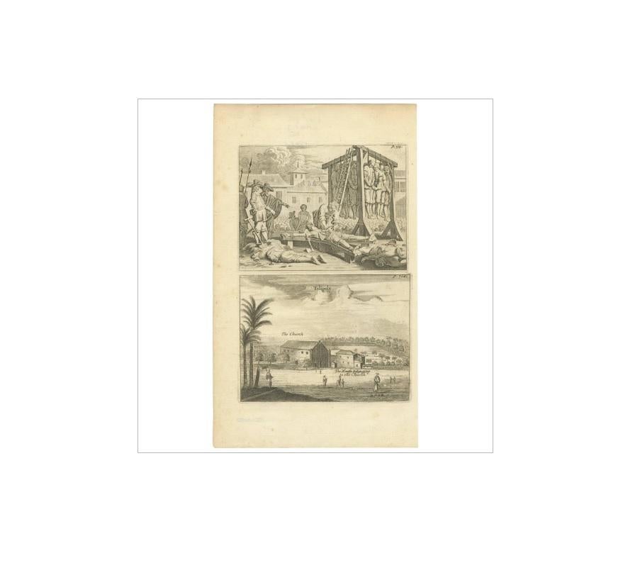 Antique Print of Punishment and the Church of Telipole Ceylon, Sri Lanka In Good Condition For Sale In Langweer, NL