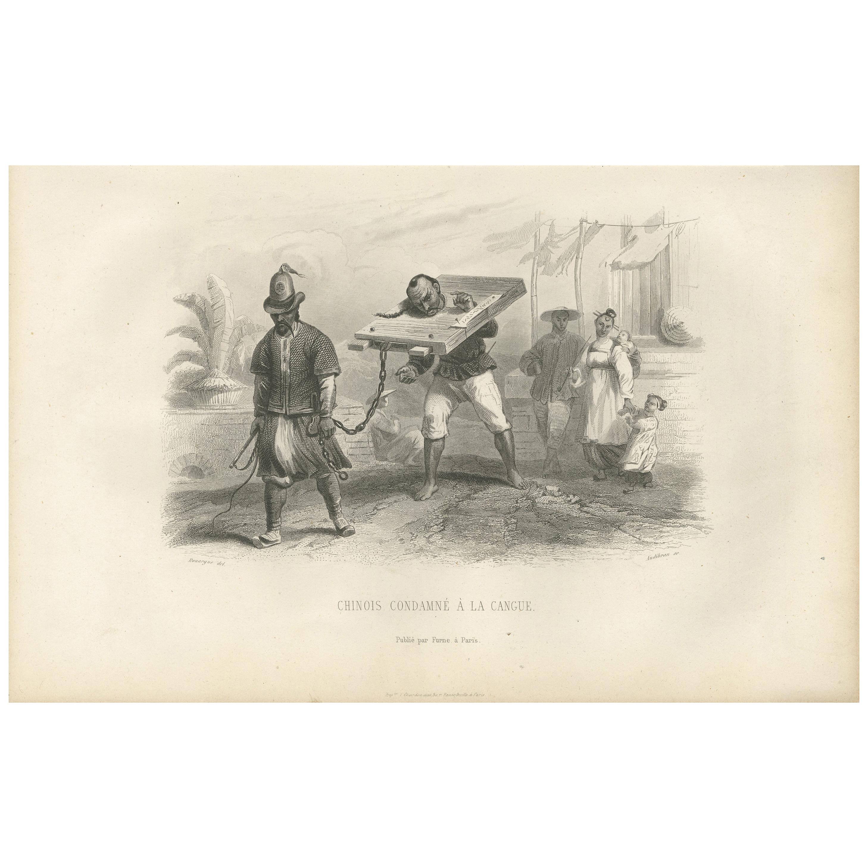 Antique Print of Punishment with a Cangue by D'Urville '1853'