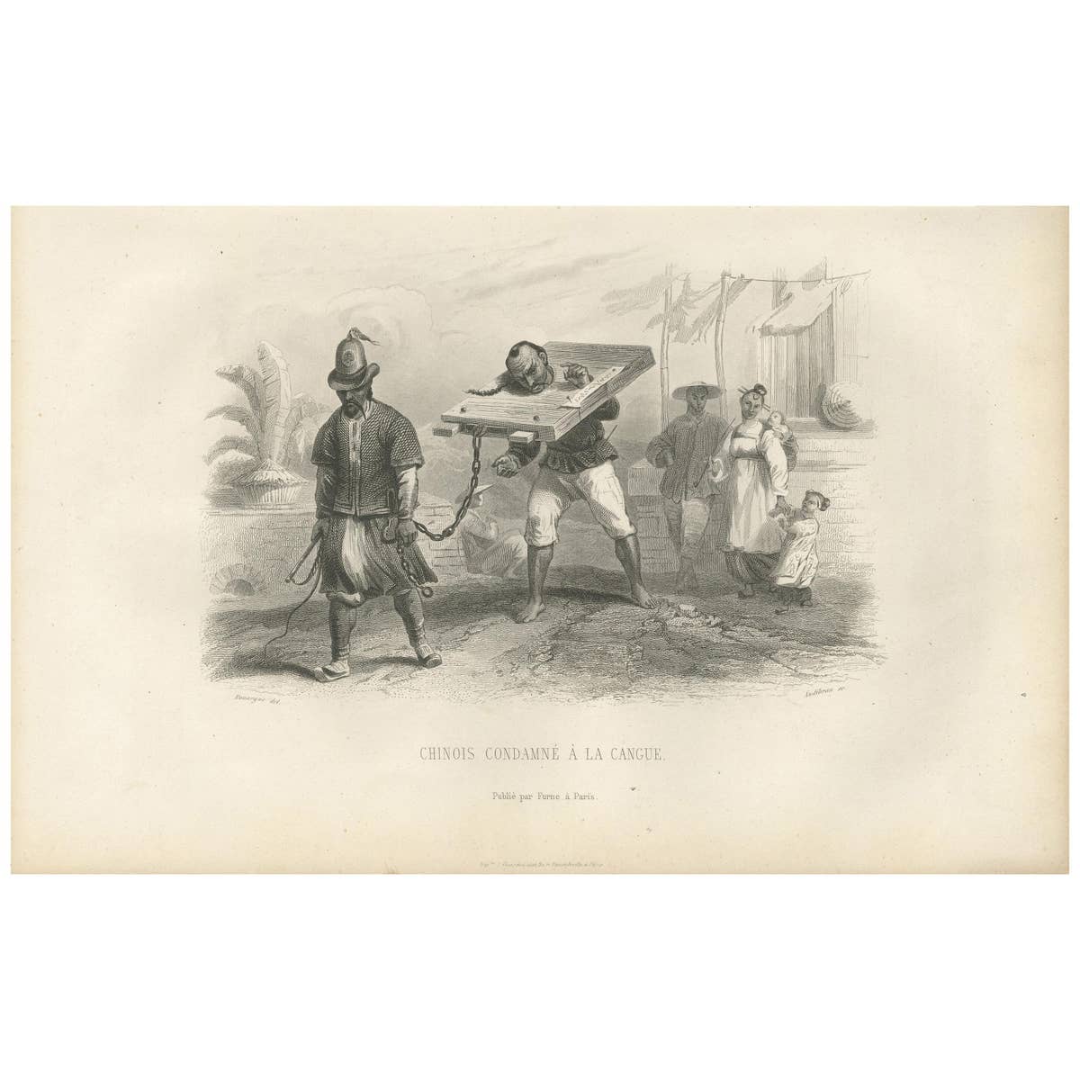 Antique Print of Punishment with a Cangue by D'Urville '1853'