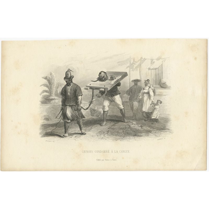 Antique print titled 'Chinois condamné à la Cangue'. View of corporal punishment with a cangue (or tcha). The cangue is a device that was used for public humiliation and corporal punishment in East Asia and some other parts of Southeast Asia until