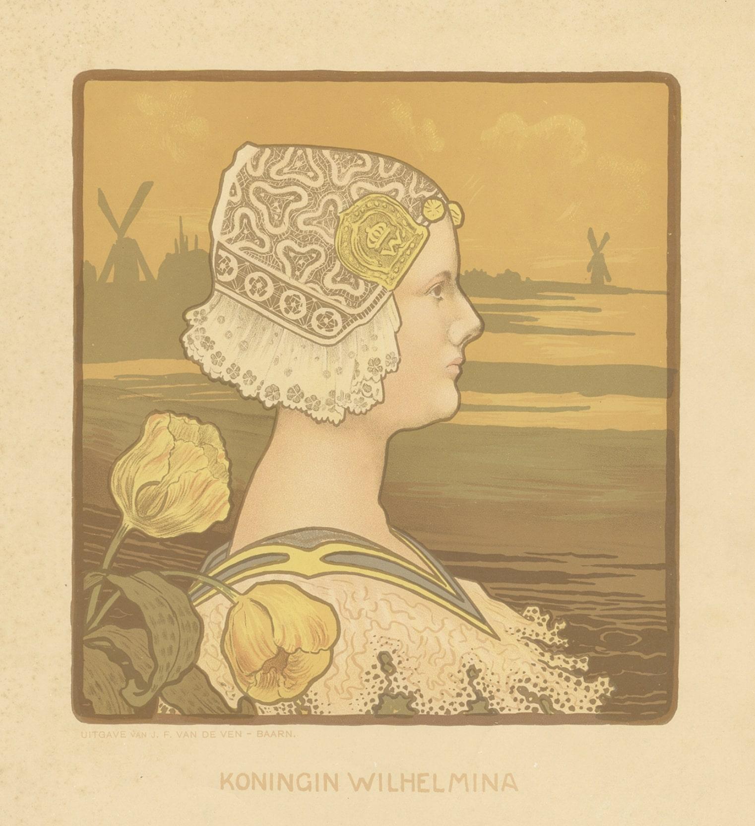 Papier Impression ancienne de la reine Wilhelmina des Pays-Bas, vers 1900 en vente