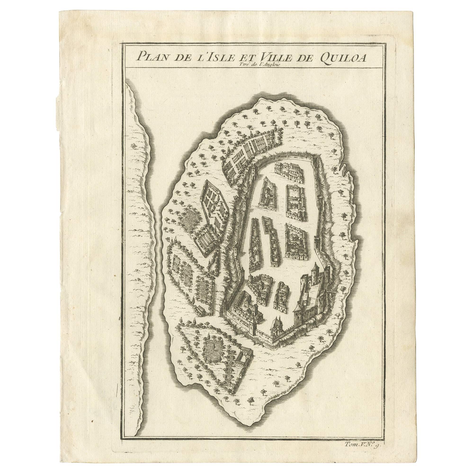 Antique Print of Quiloa 'Africa' by J.N. Bellin, circa 1750