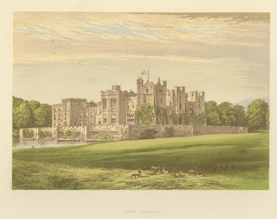 Antique print titled 'Raby Castle'. Color printed woodblock of Raby Castle, a medieval castle located near Staindrop in County Durham, England. This print originates from 'Picturesque Views of Seats of Noblemen and Gentlemen of Great Britain and