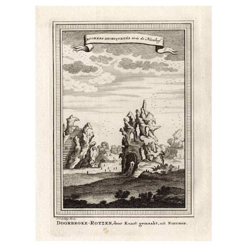 Impression ancienne de falaises lointaines en Chine, 1749